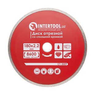 Диск алмазний відрізний по плитці, з суцільною кромкою, 180 мм, 22-24% INTERTOOL CT-3009 192879 CT-3009 фото