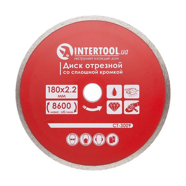 Диск отрезной алмазный по плитке, со сплошной кромкой, 180 мм, 22-24% INTERTOOL CT-3009 192879 CT-3009 фото